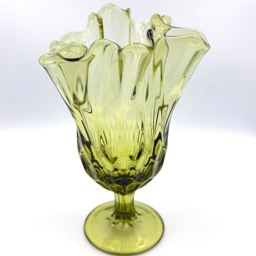 Fenton Colonial Green Thumbprint Handkerchief Swung Pedestal Vase Avocado 1960s